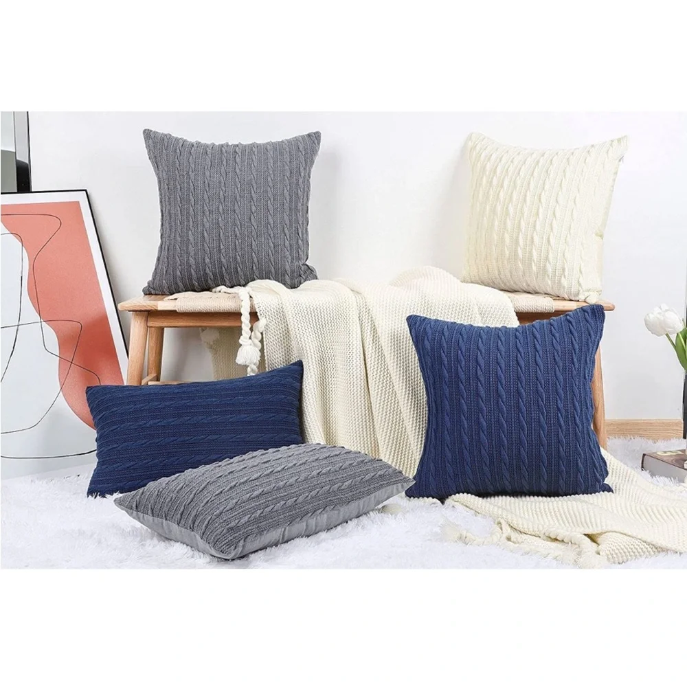 Luxury Home | Set Of 2 Elegant Navy Blue Cable Knit Throw Pillow Covers